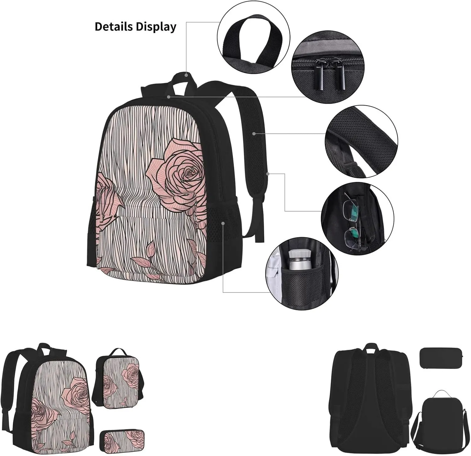 Flowers Pattern Three-Piece Backpack Set With Pocket Backpack Cross-Body Lunch Bag Pen Bag For Travel Daypack