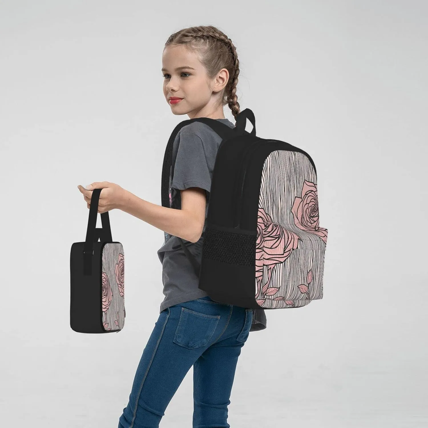 Flowers Pattern Three-Piece Backpack Set With Pocket Backpack Cross-Body Lunch Bag Pen Bag For Travel Daypack