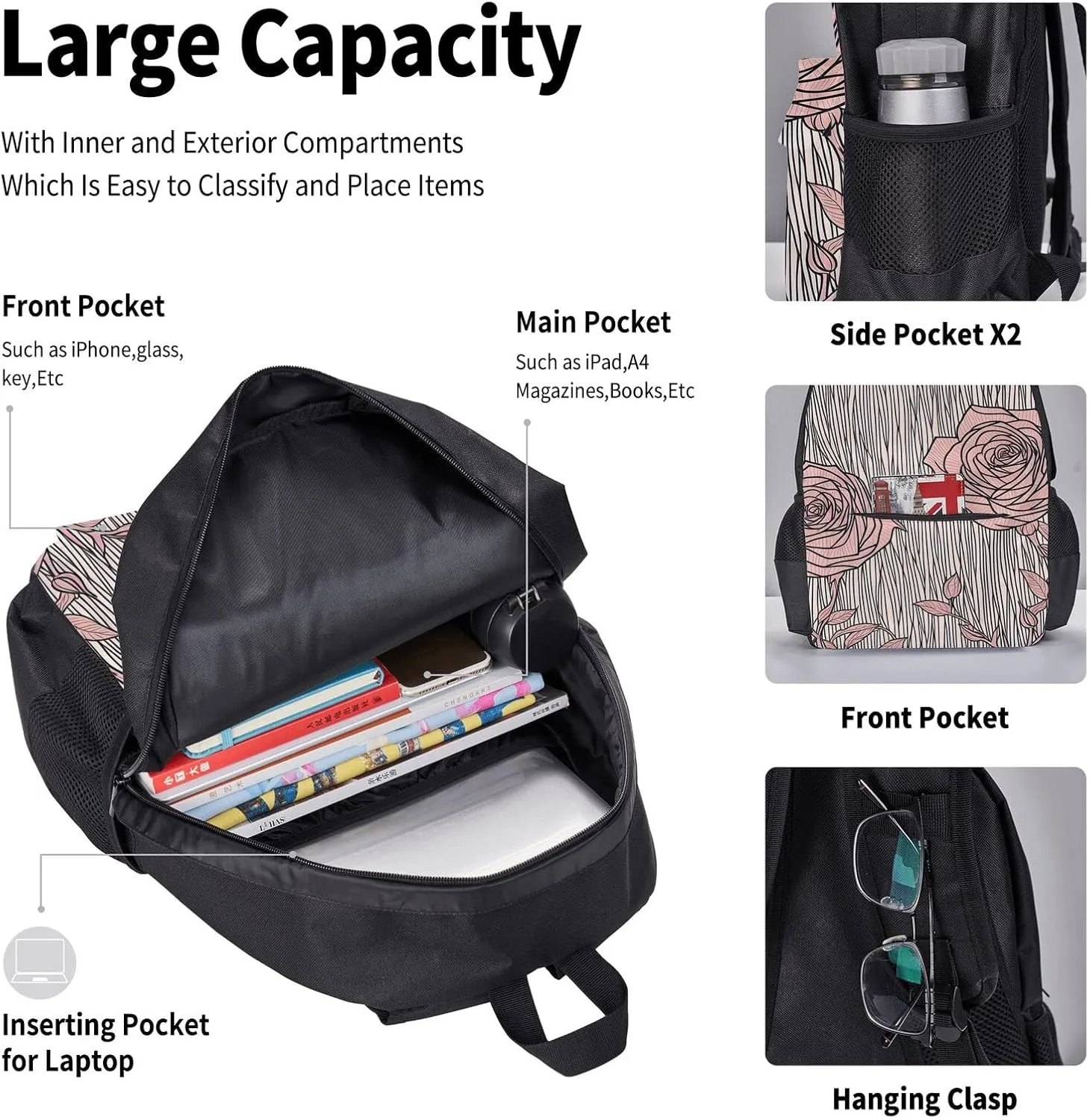 Flowers Pattern Three-Piece Backpack Set With Pocket Backpack Cross-Body Lunch Bag Pen Bag For Travel Daypack