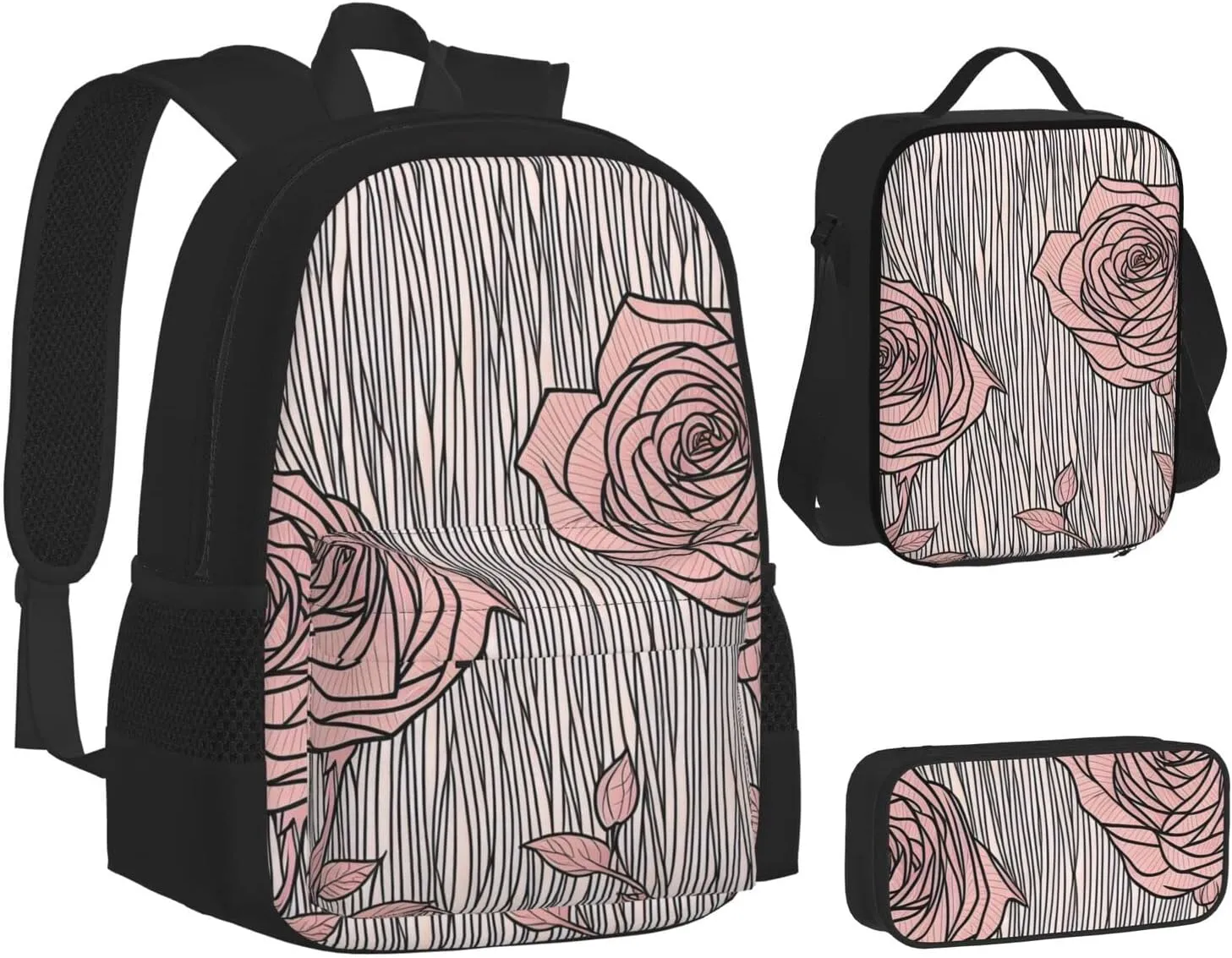 Flowers Pattern Three-Piece Backpack Set With Pocket Backpack Cross-Body Lunch Bag Pen Bag For Travel Daypack