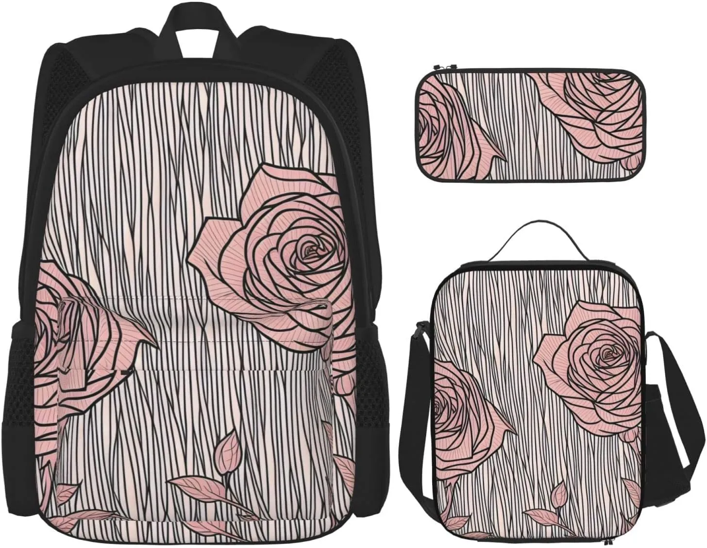 Flowers Pattern Three-Piece Backpack Set With Pocket Backpack Cross-Body Lunch Bag Pen Bag For Travel Daypack