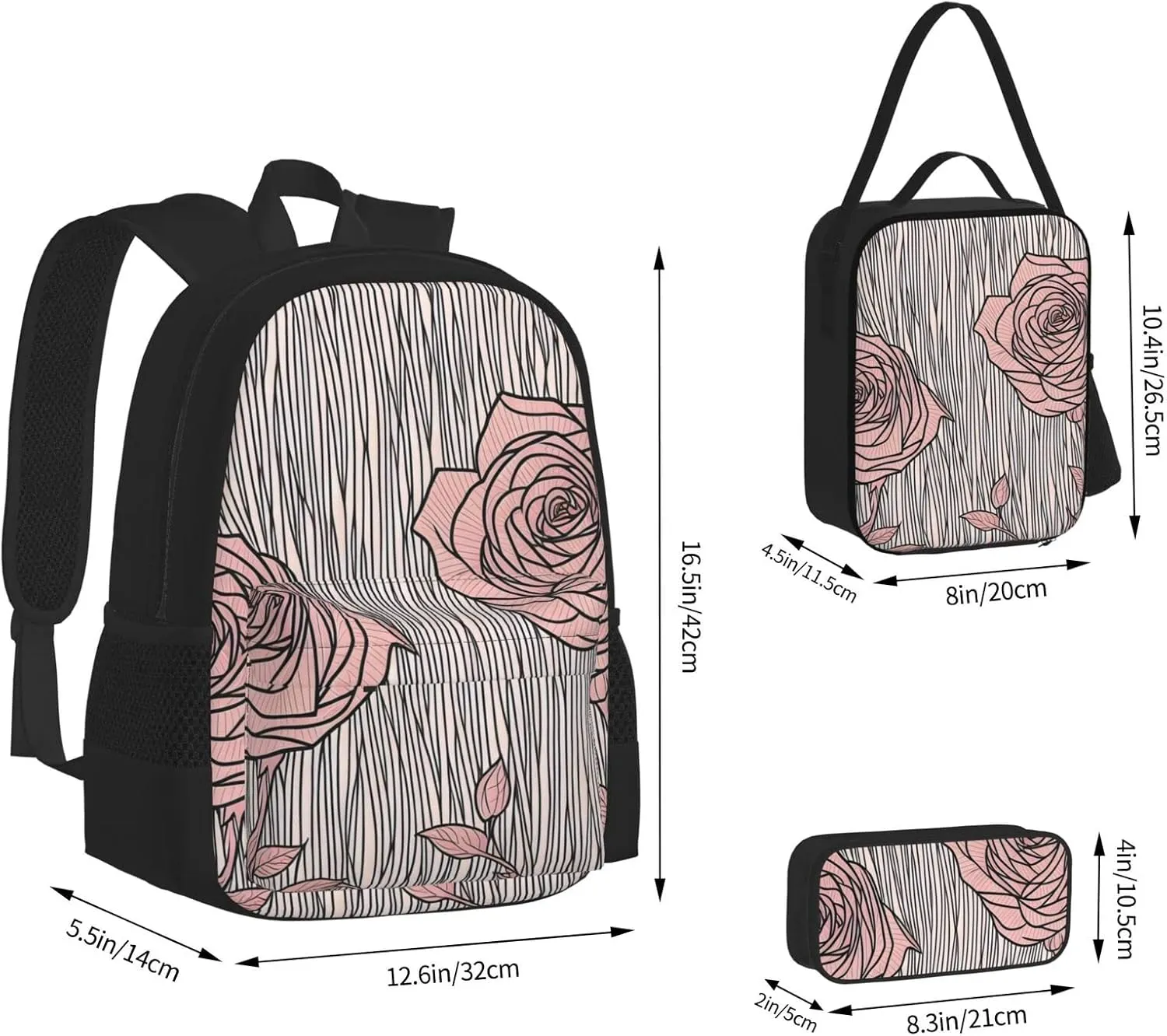 Flowers Pattern Three-Piece Backpack Set With Pocket Backpack Cross-Body Lunch Bag Pen Bag For Travel Daypack