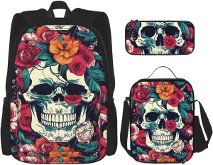 Flowers Skull Ornamental Print Versatile Adjustable Shoulder Fashion Backpack Lunch Bag Pencil Case Large Capacity