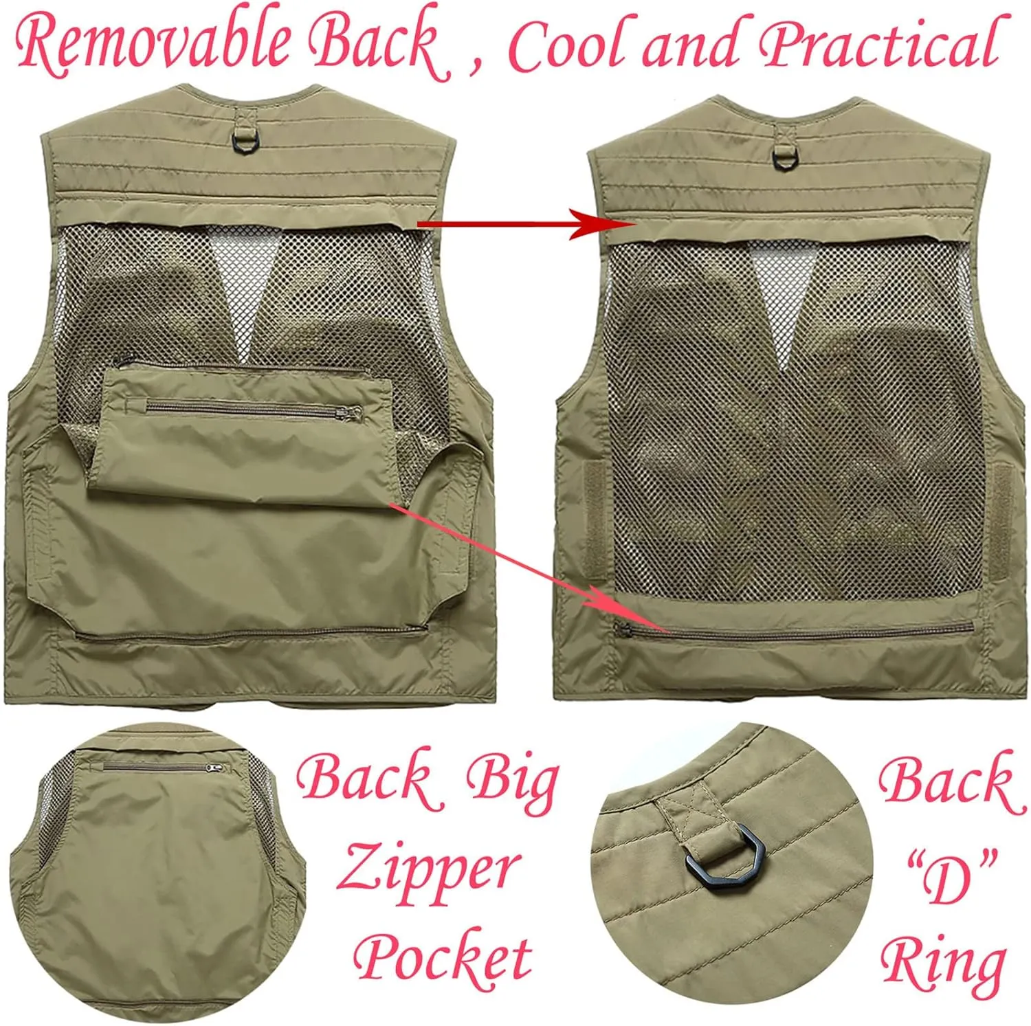 Flygo Men's Casual Lightweight Outdoor Fishing Work Safari Travel Photo Cargo Vest Jacket Multi Pockets