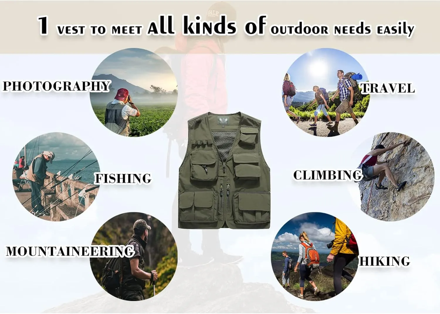 Flygo Men's Casual Lightweight Outdoor Fishing Work Safari Travel Photo Cargo Vest Jacket Multi Pockets
