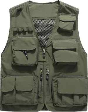 Flygo Men's Casual Lightweight Outdoor Fishing Work Safari Travel Photo Cargo Vest Jacket Multi Pockets