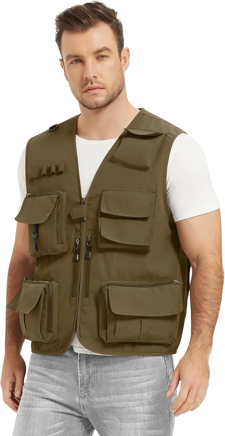 Flygo Men's Casual Lightweight Outdoor Fishing Work Safari Travel Photo Cargo Vest Jacket Multi Pockets