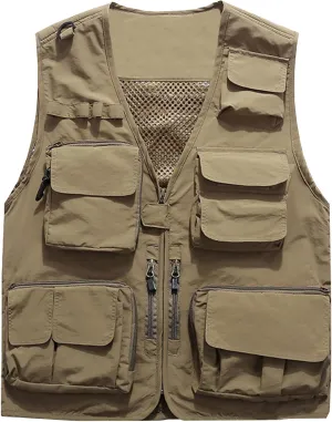 Flygo Men's Casual Lightweight Outdoor Fishing Work Safari Travel Photo Cargo Vest Jacket Multi Pockets
