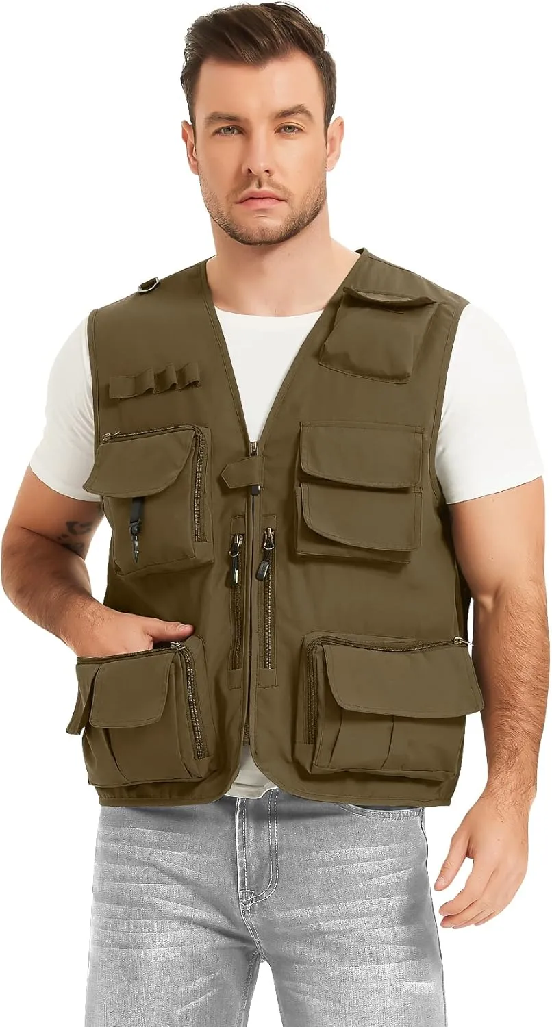Flygo Men's Casual Lightweight Outdoor Fishing Work Safari Travel Photo Cargo Vest Jacket Multi Pockets