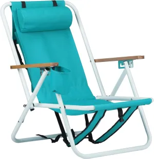 Folding Backpack Beach Chair with 5 Positions, Portable Camping Reclining Chair with Headrest Cup Holder and Wooden Armrests,Supports 330lbs,Tall Hiking Chair for Beach Lawn Concert, Outdoor,Green