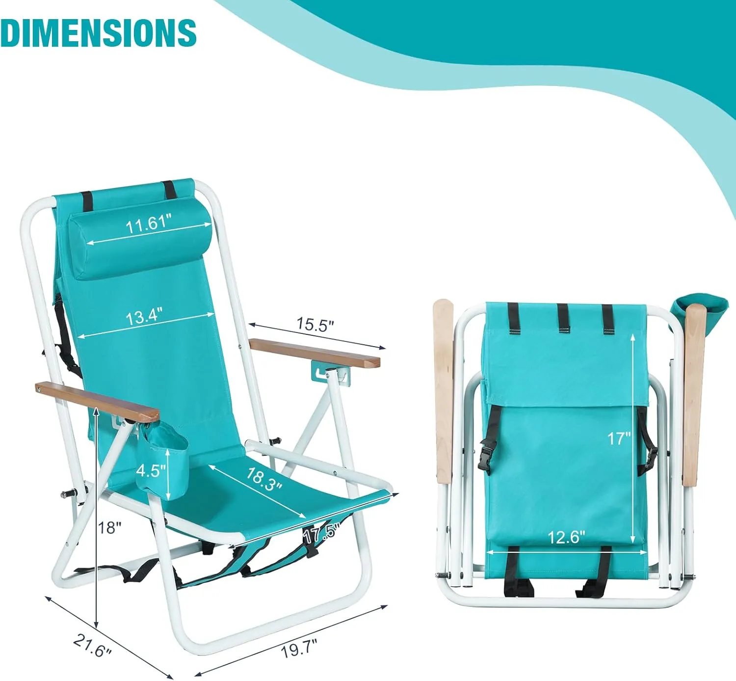 Folding Backpack Beach Chair with 5 Positions, Portable Camping Reclining Chair with Headrest Cup Holder and Wooden Armrests,Supports 330lbs,Tall Hiking Chair for Beach Lawn Concert, Outdoor,Green