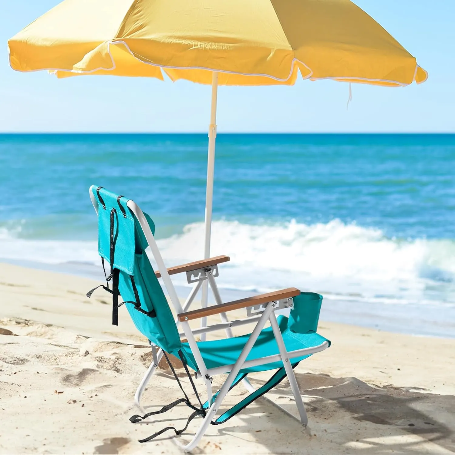 Folding Backpack Beach Chair with 5 Positions, Portable Camping Reclining Chair with Headrest Cup Holder and Wooden Armrests,Supports 330lbs,Tall Hiking Chair for Beach Lawn Concert, Outdoor,Green