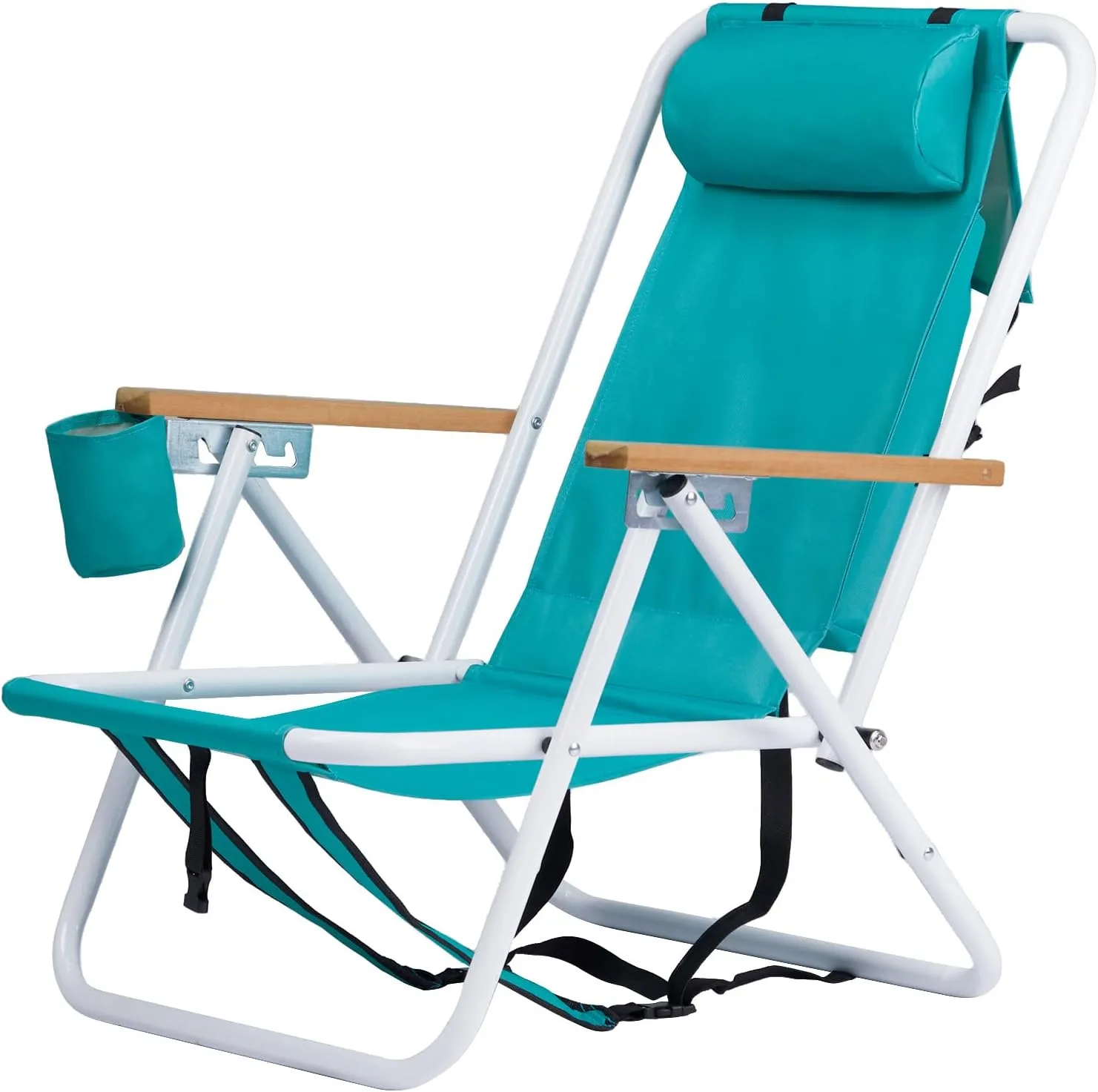 Folding Backpack Beach Chair with 5 Positions, Portable Camping Reclining Chair with Headrest Cup Holder and Wooden Armrests,Supports 330lbs,Tall Hiking Chair for Beach Lawn Concert, Outdoor,Green
