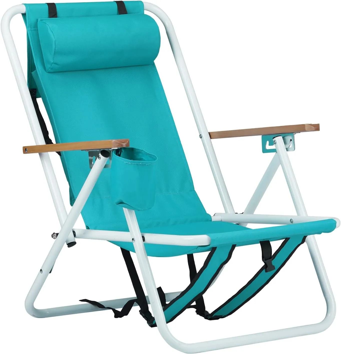 Folding Backpack Beach Chair with 5 Positions, Portable Camping Reclining Chair with Headrest Cup Holder and Wooden Armrests,Supports 330lbs,Tall Hiking Chair for Beach Lawn Concert, Outdoor,Green