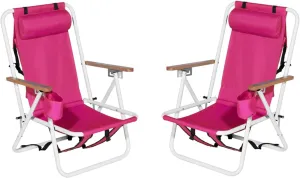 Folding Tall Beach Chair for Adults 2 Pack, 4 Position Portable Beach Chair Backpack with Headrest Cup Holder and Wooden Armrests,Foldable Tall Lawn Camping Chairs for Camp/Outdoor/Picnic/Sports Pink