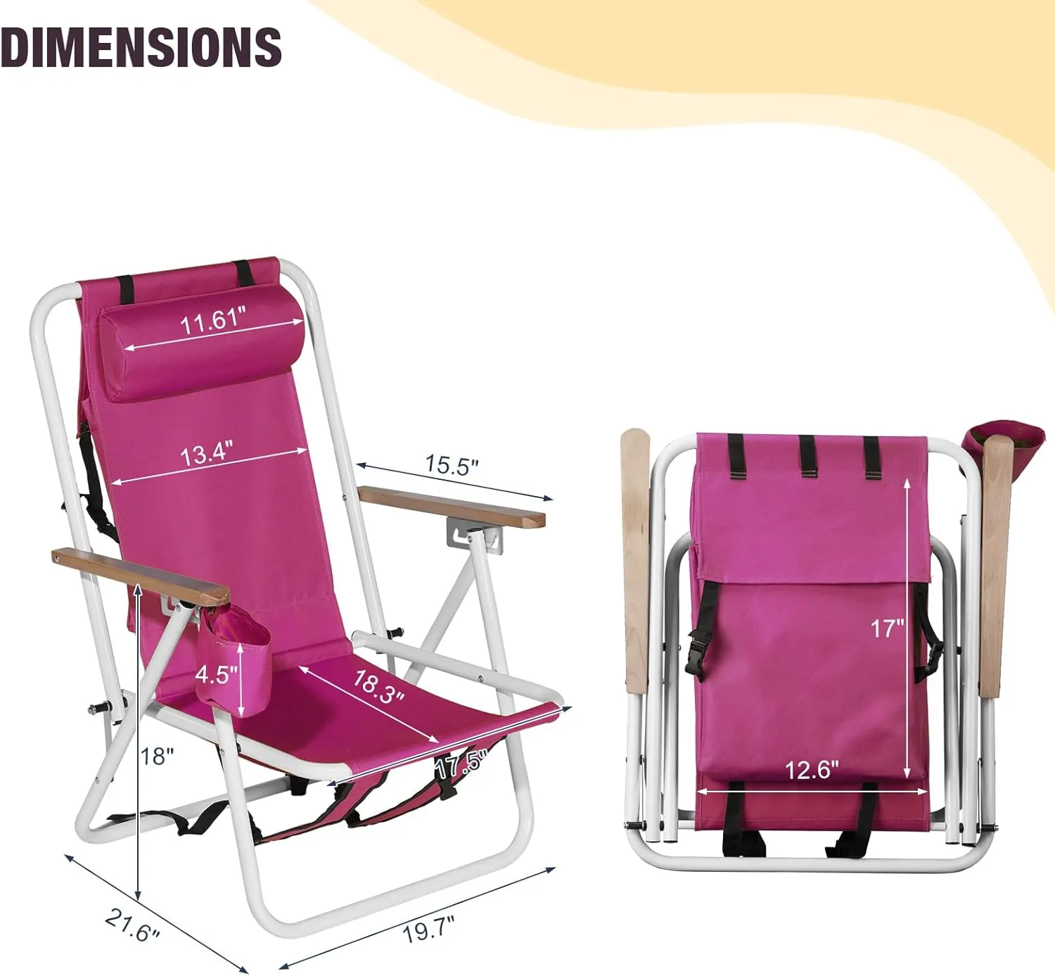 Folding Tall Beach Chair for Adults 2 Pack, 4 Position Portable Beach Chair Backpack with Headrest Cup Holder and Wooden Armrests,Foldable Tall Lawn Camping Chairs for Camp/Outdoor/Picnic/Sports Pink
