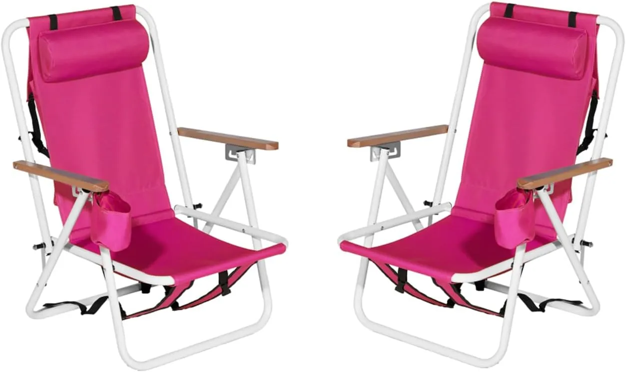 Folding Tall Beach Chair for Adults 2 Pack, 4 Position Portable Beach Chair Backpack with Headrest Cup Holder and Wooden Armrests,Foldable Tall Lawn Camping Chairs for Camp/Outdoor/Picnic/Sports Pink