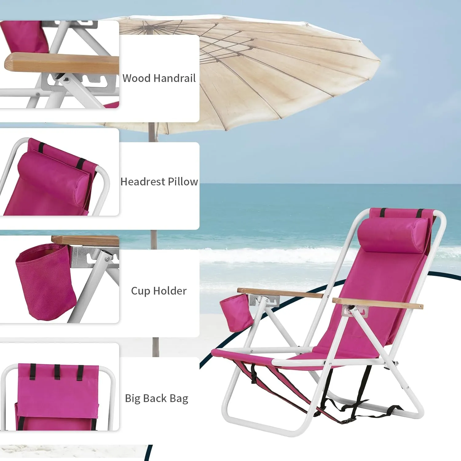 Folding Tall Beach Chair for Adults 2 Pack, 4 Position Portable Beach Chair Backpack with Headrest Cup Holder and Wooden Armrests,Foldable Tall Lawn Camping Chairs for Camp/Outdoor/Picnic/Sports Pink