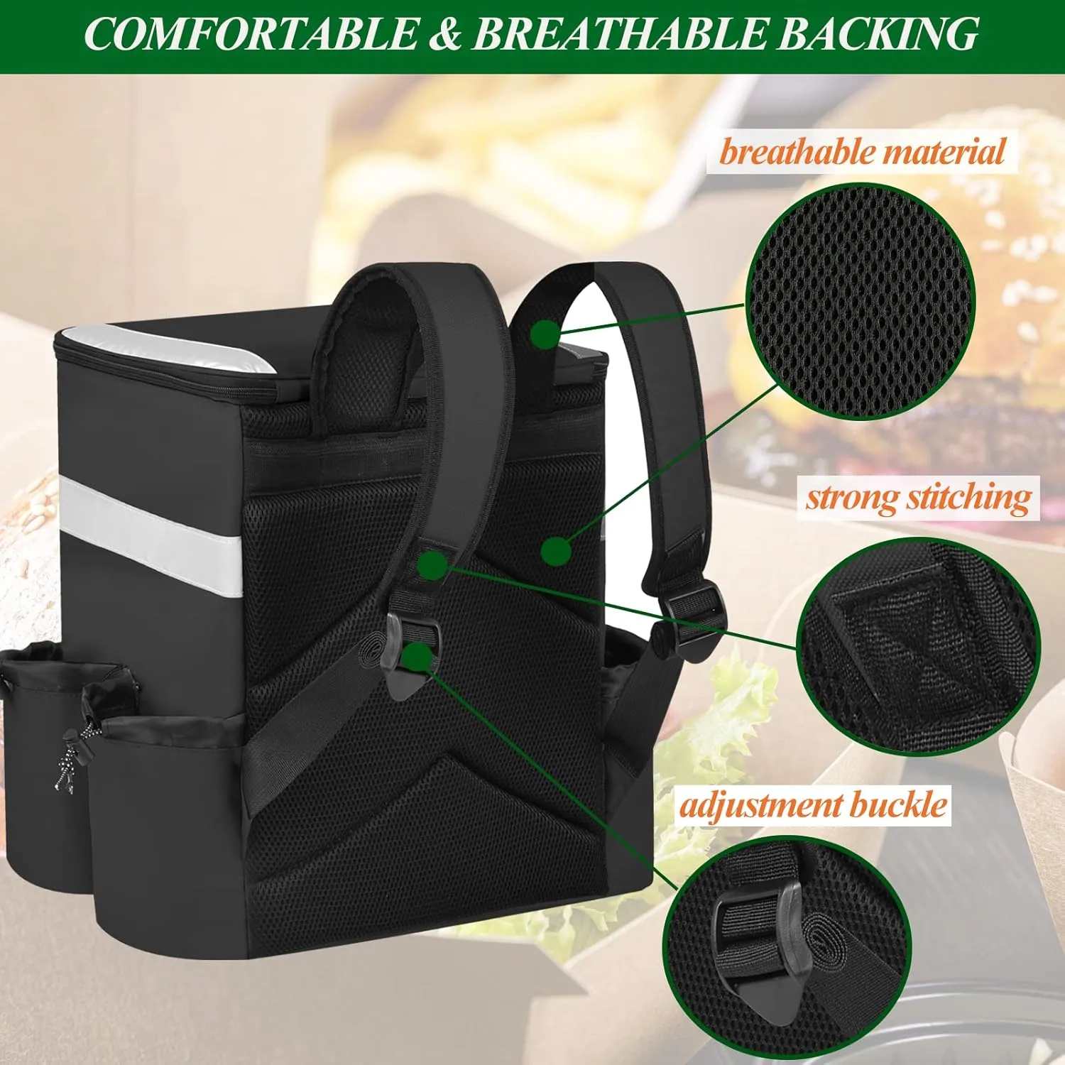 Food Delivery Backpack Pizza Delivery Bag Insulated Delivery Bag with Cup Holders, Delivery Backpack with Support Boards for Bike Delivery, Food Delivery Bag for Carry HOT/COLD (Black)
