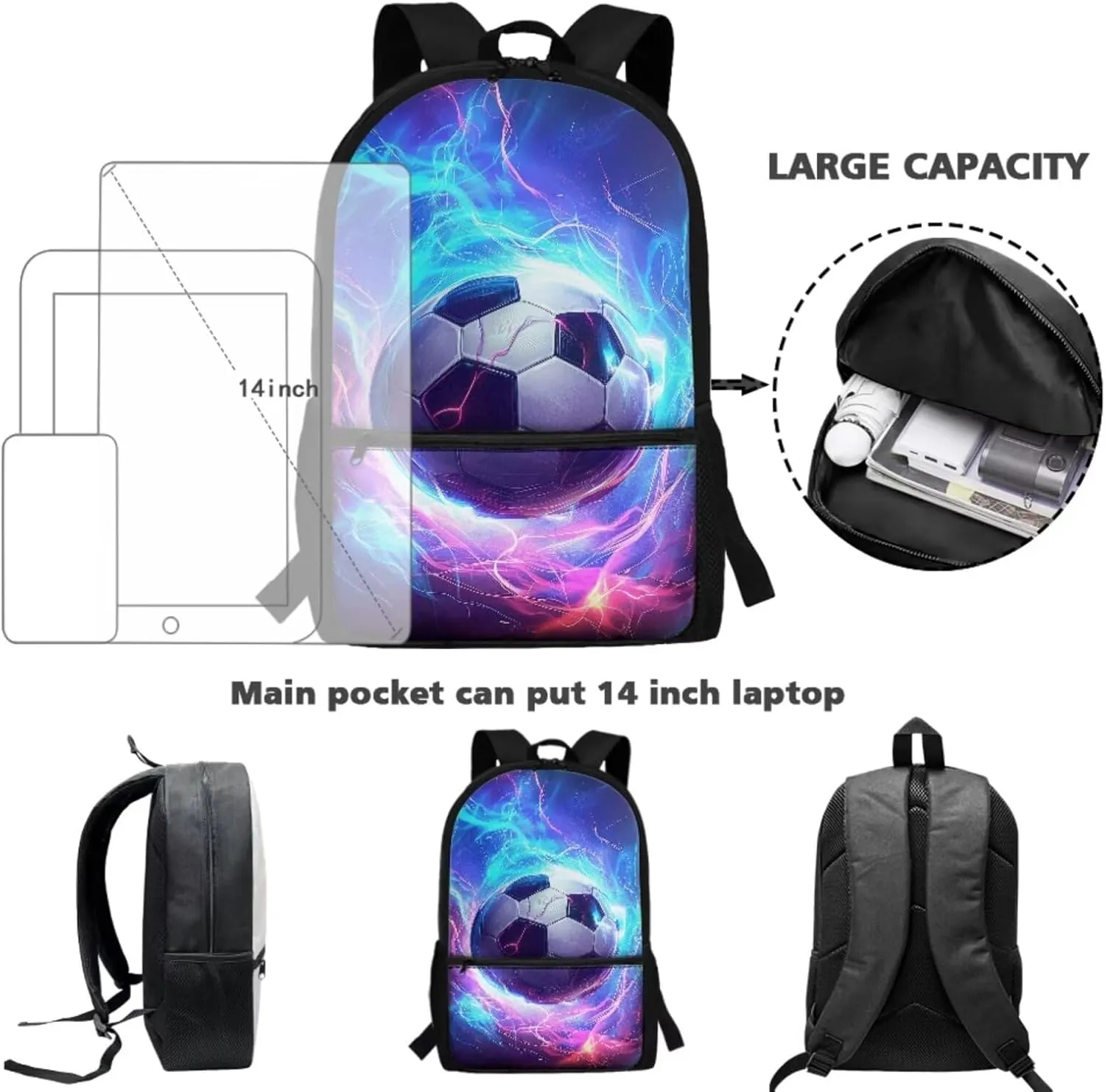 Football School Backpack for Boys 8-12 Elementary School Bookbag With Lunch Bag Combo Kids Pencil Case Soccer School Bag 17inch Back Pack Middle School Student Shoulder Bag Set 3 In 1