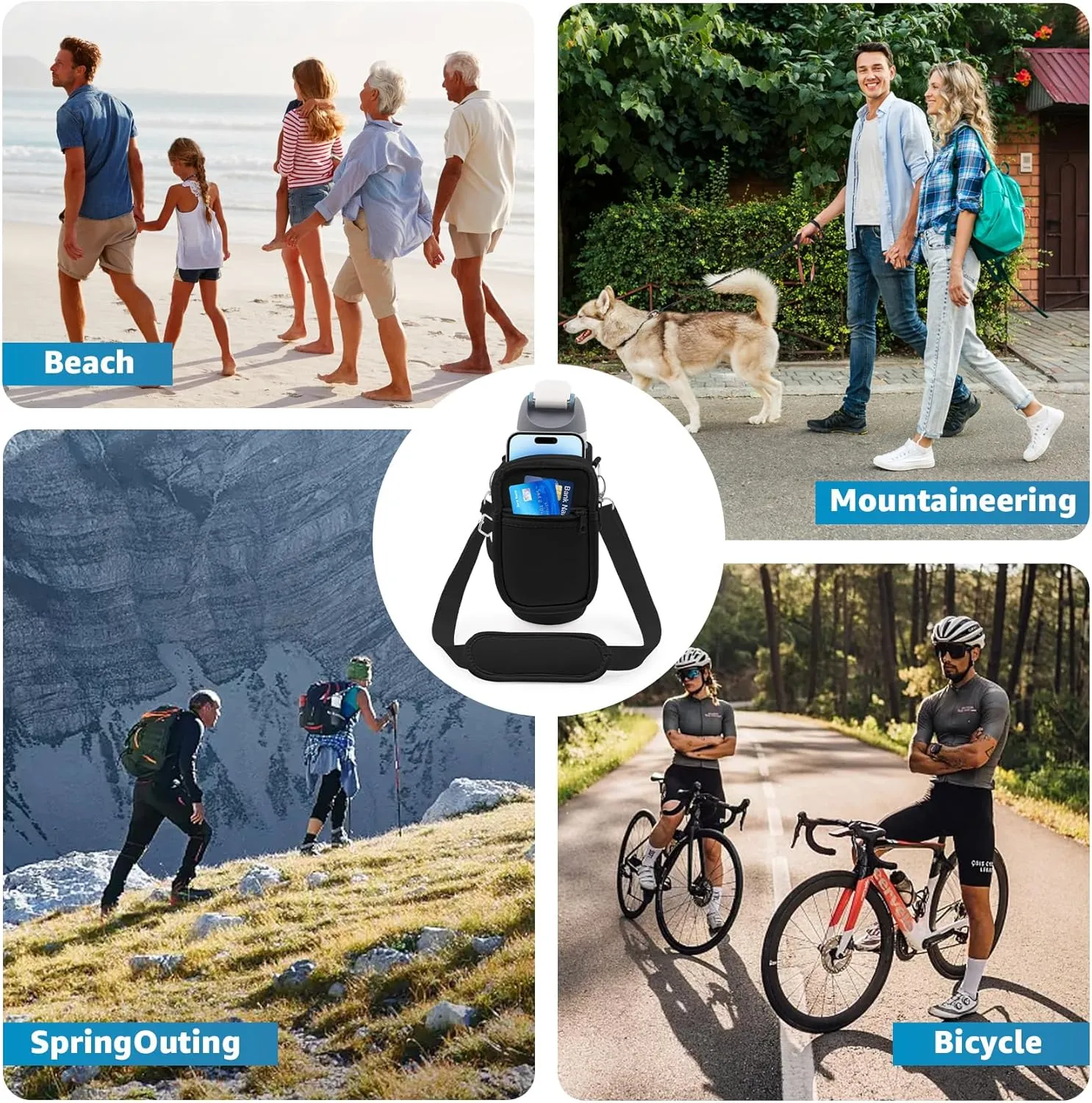 for Owala FreeSip Insulated Stainless Steel Water Bottle Cup Holder Cover Carrier Sling Bag with Strap, Pouch Pocket for Phone/Accessories, add Handle for Owala 32oz(Black)