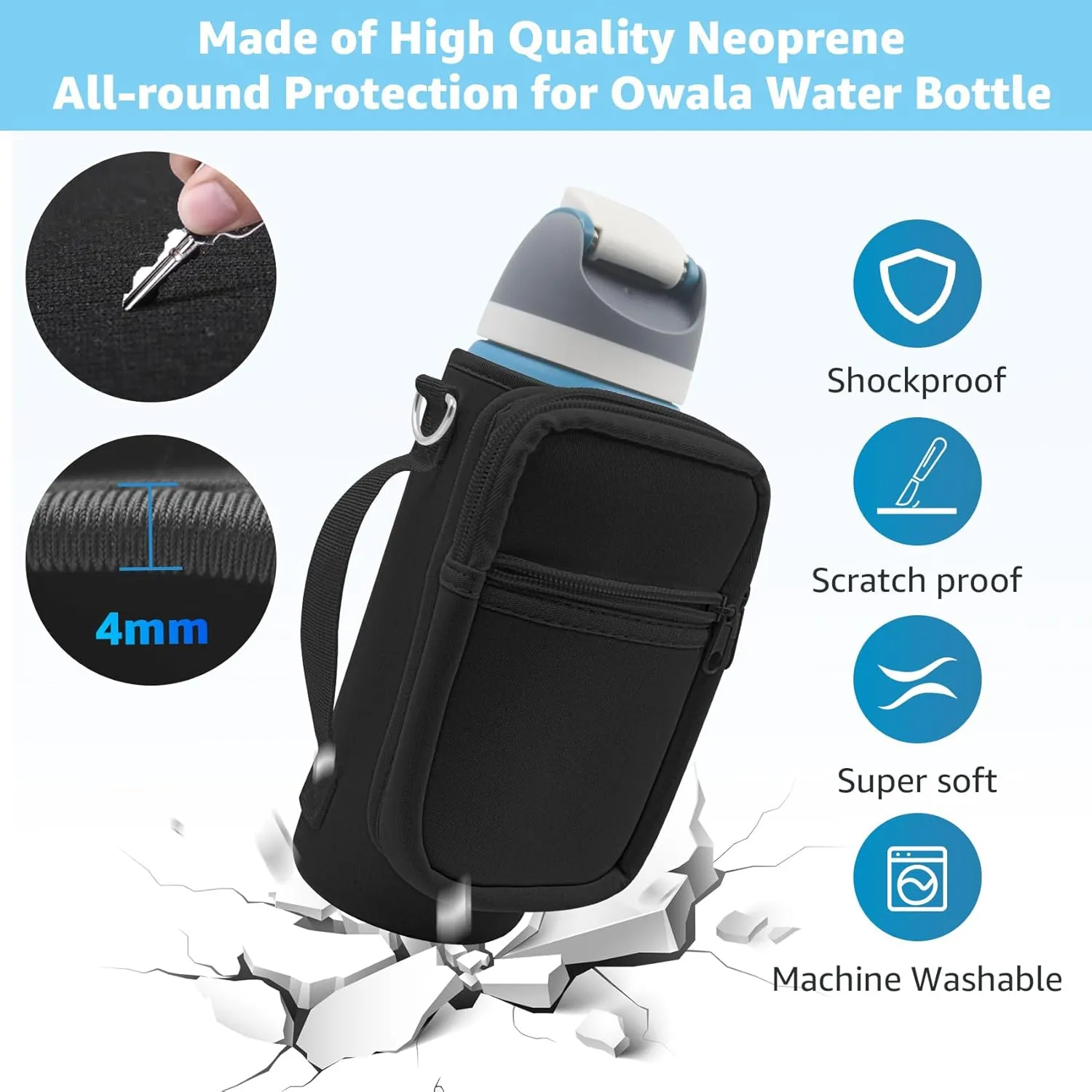 for Owala FreeSip Insulated Stainless Steel Water Bottle Cup Holder Cover Carrier Sling Bag with Strap, Pouch Pocket for Phone/Accessories, add Handle for Owala 32oz(Black)