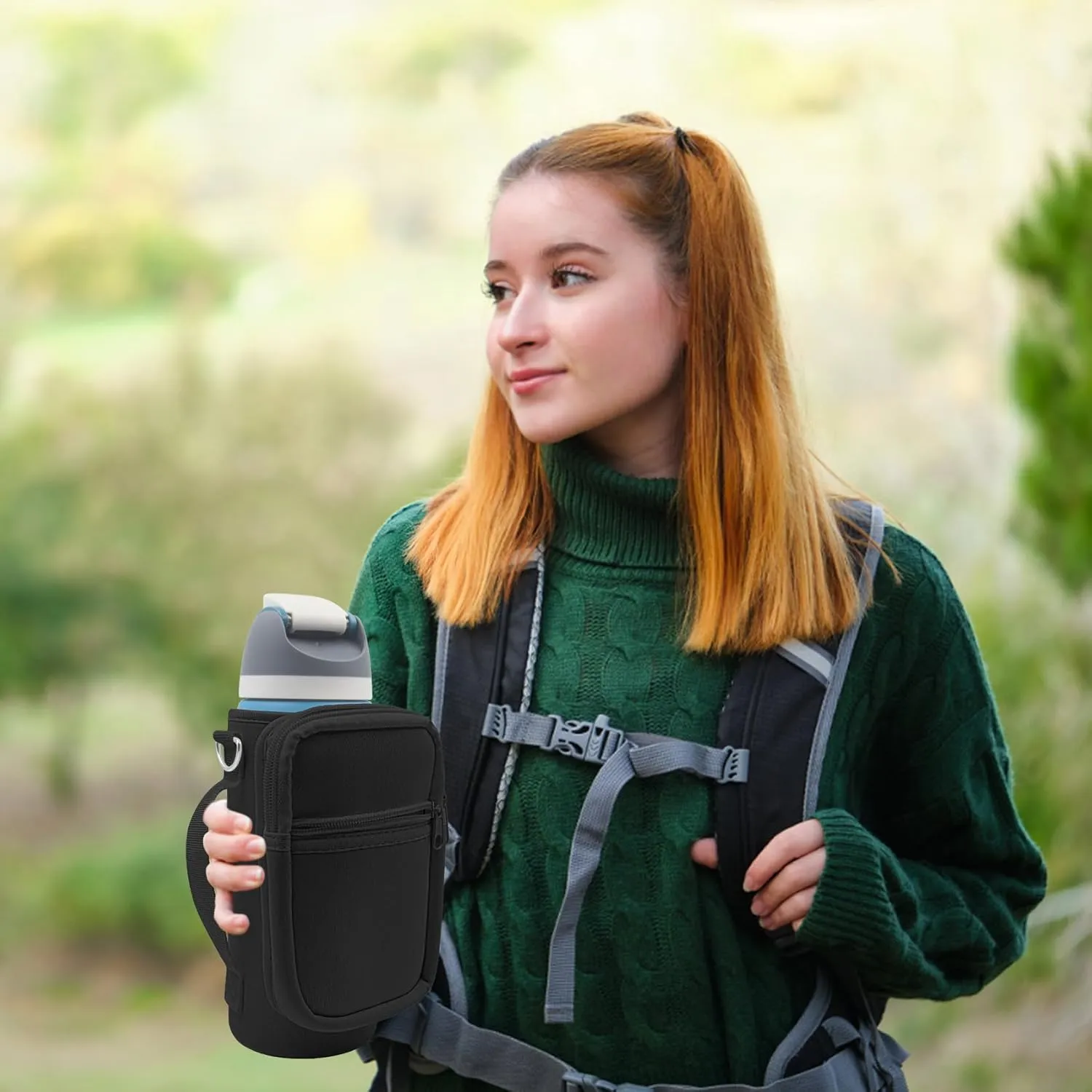 for Owala FreeSip Insulated Stainless Steel Water Bottle Cup Holder Cover Carrier Sling Bag with Strap, Pouch Pocket for Phone/Accessories, add Handle for Owala 32oz(Black)