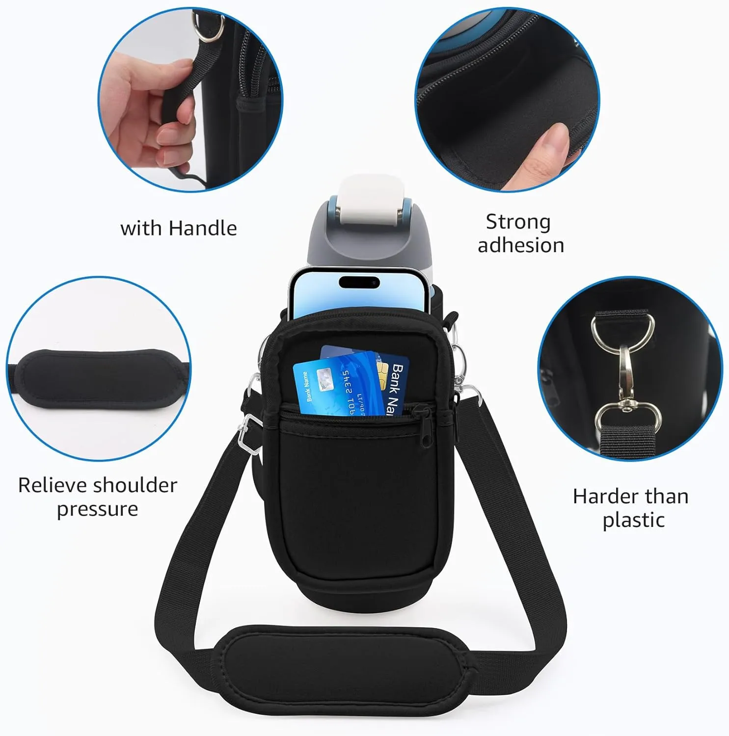 for Owala FreeSip Insulated Stainless Steel Water Bottle Cup Holder Cover Carrier Sling Bag with Strap, Pouch Pocket for Phone/Accessories, add Handle for Owala 32oz(Black)