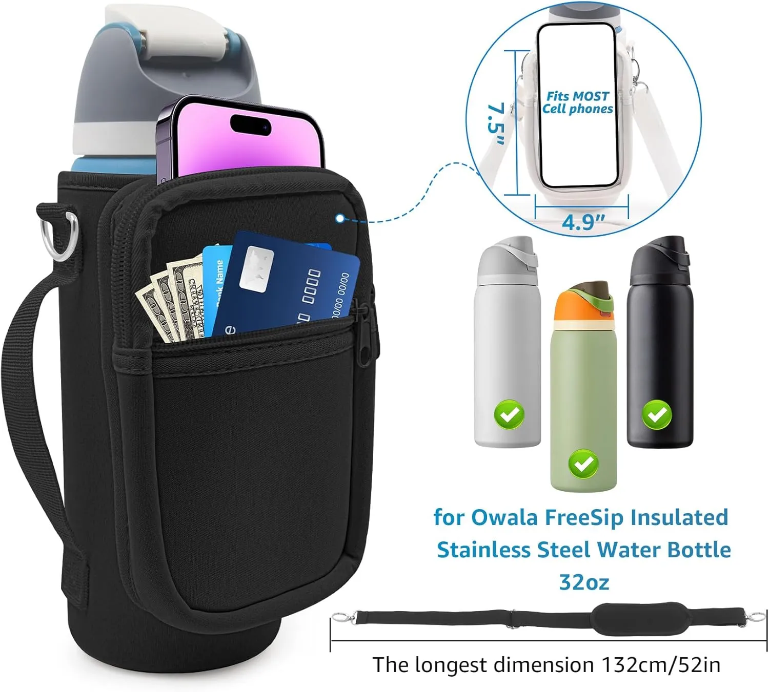 for Owala FreeSip Insulated Stainless Steel Water Bottle Cup Holder Cover Carrier Sling Bag with Strap, Pouch Pocket for Phone/Accessories, add Handle for Owala 32oz(Black)