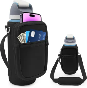 for Owala FreeSip Insulated Stainless Steel Water Bottle Cup Holder Cover Carrier Sling Bag with Strap, Pouch Pocket for Phone/Accessories, add Handle for Owala 32oz(Black)