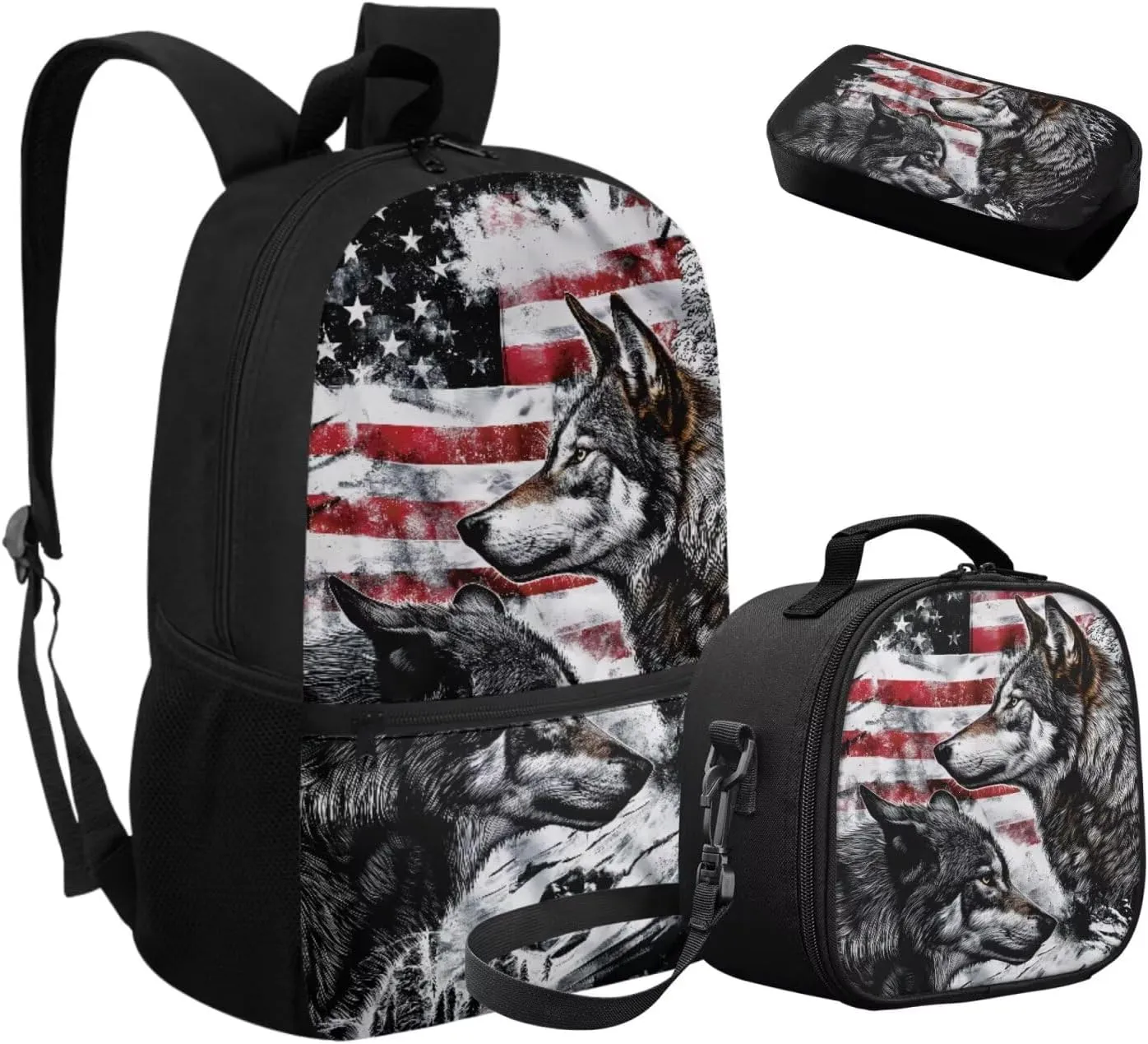 FOR U DESIGNS American Flag Wolf Backpacks for School Big Lightweight Boys Backpack and Lunch Box Set 3 in 1 School Bag Kids Boys Age 6-7 Years 4th Grade School Supplies 17 Inch