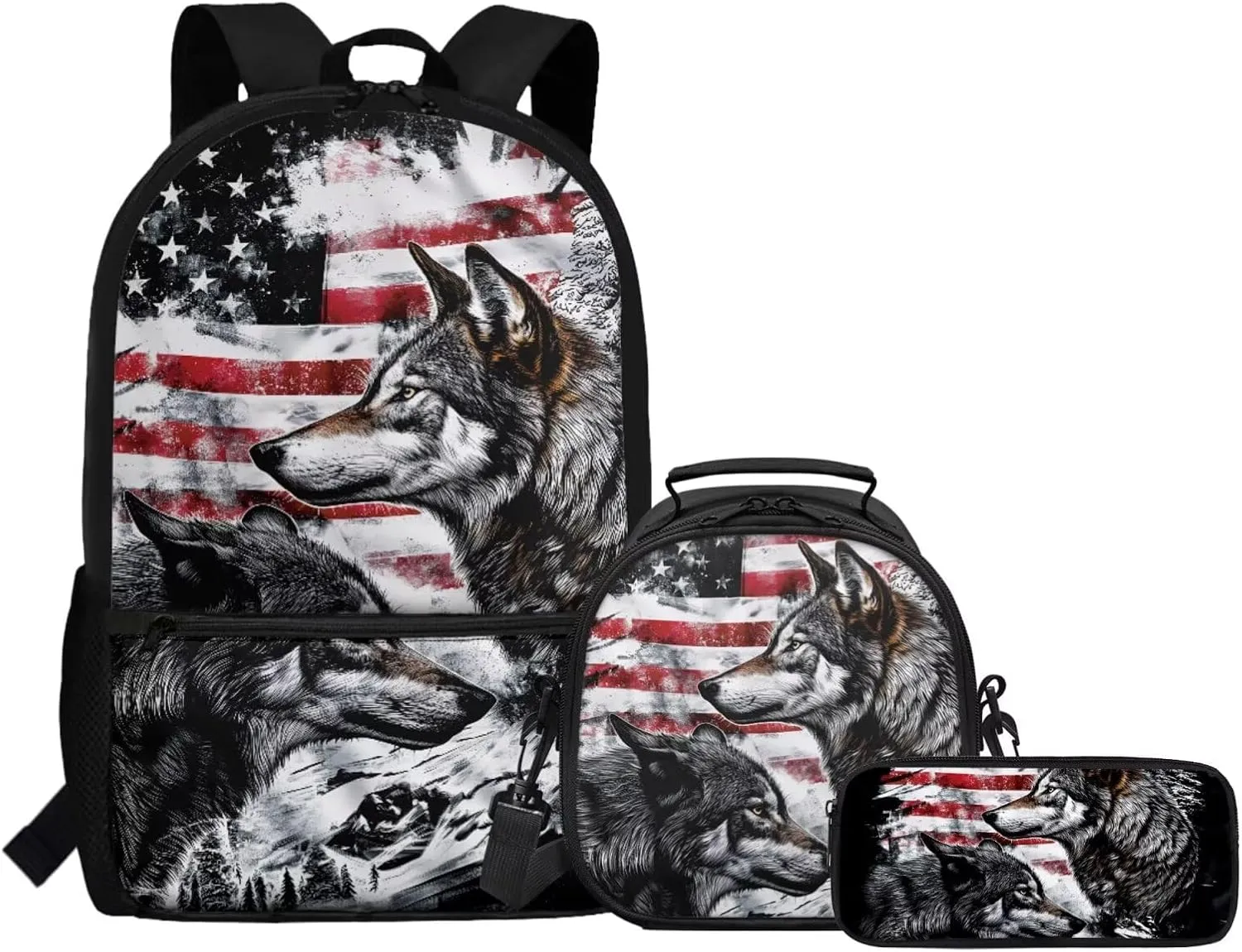FOR U DESIGNS American Flag Wolf Backpacks for School Big Lightweight Boys Backpack and Lunch Box Set 3 in 1 School Bag Kids Boys Age 6-7 Years 4th Grade School Supplies 17 Inch