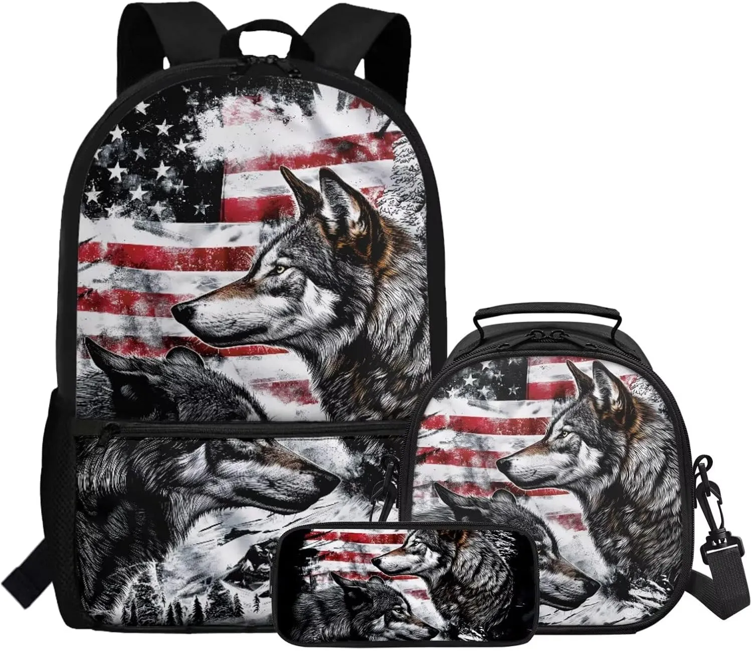 FOR U DESIGNS American Flag Wolf Backpacks for School Big Lightweight Boys Backpack and Lunch Box Set 3 in 1 School Bag Kids Boys Age 6-7 Years 4th Grade School Supplies 17 Inch