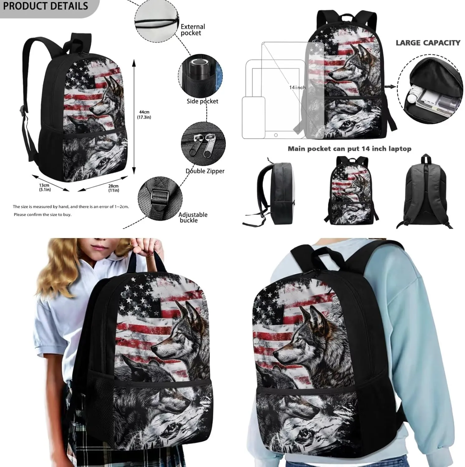 FOR U DESIGNS American Flag Wolf Backpacks for School Big Lightweight Boys Backpack and Lunch Box Set 3 in 1 School Bag Kids Boys Age 6-7 Years 4th Grade School Supplies 17 Inch