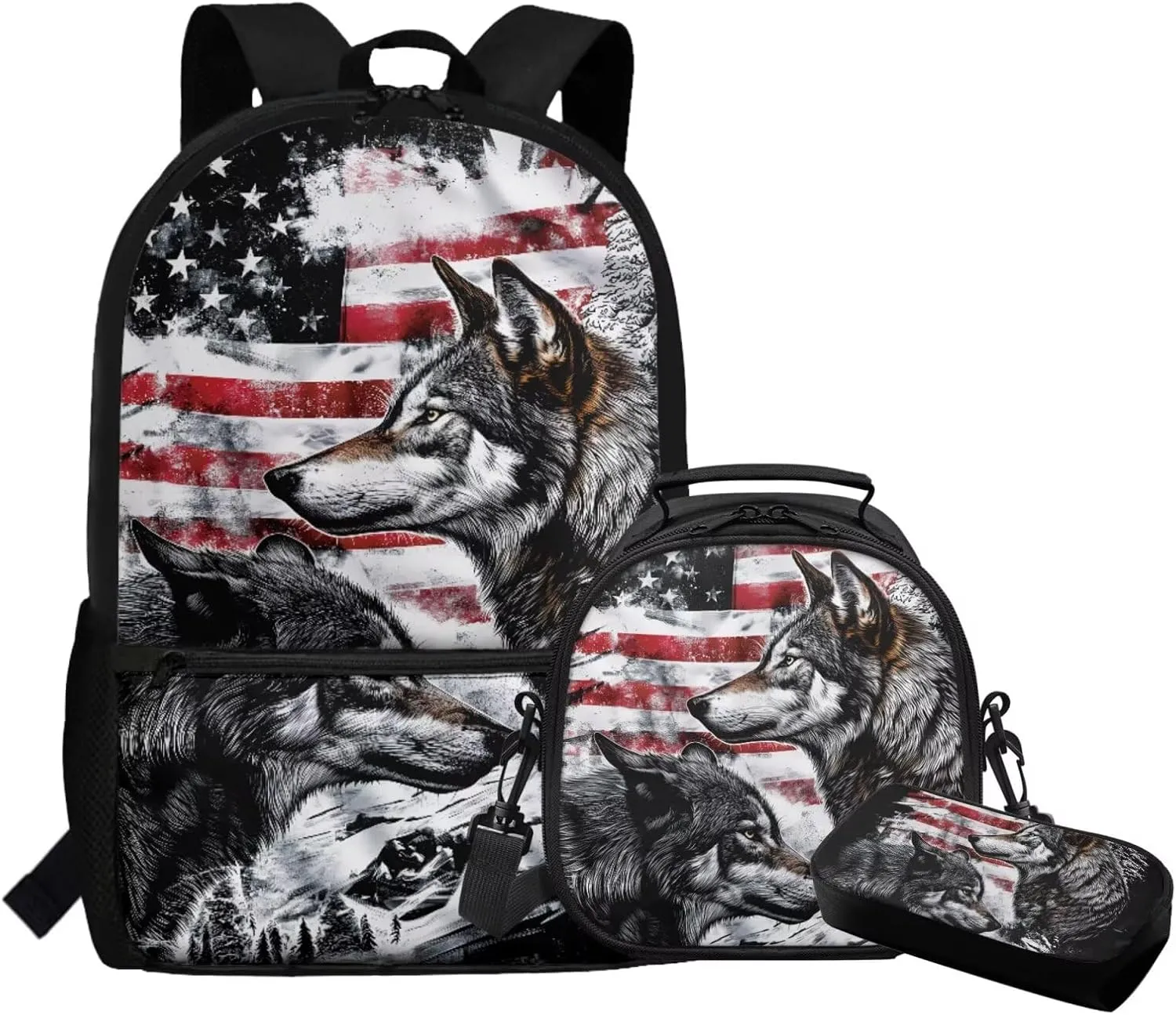 FOR U DESIGNS American Flag Wolf Backpacks for School Big Lightweight Boys Backpack and Lunch Box Set 3 in 1 School Bag Kids Boys Age 6-7 Years 4th Grade School Supplies 17 Inch
