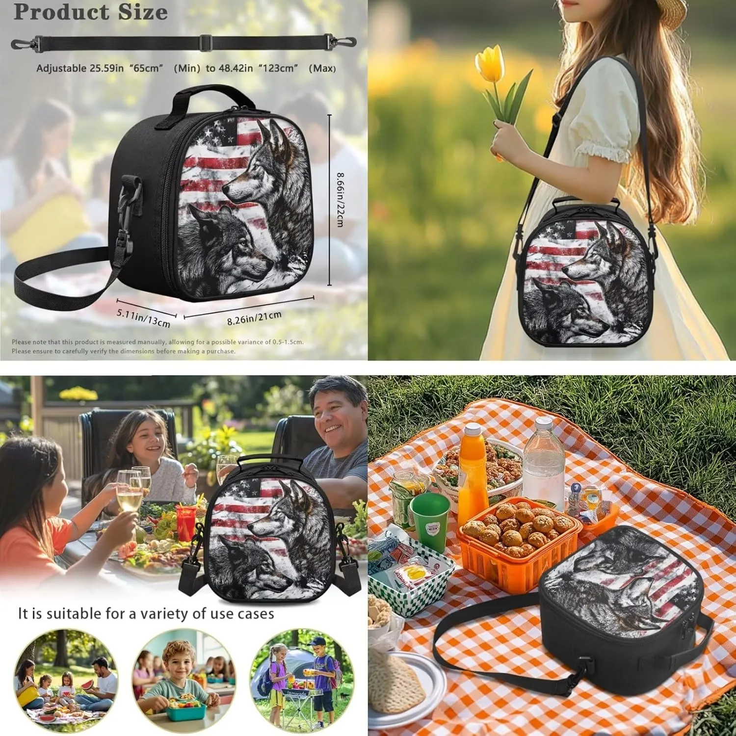 FOR U DESIGNS American Flag Wolf Backpacks for School Big Lightweight Boys Backpack and Lunch Box Set 3 in 1 School Bag Kids Boys Age 6-7 Years 4th Grade School Supplies 17 Inch