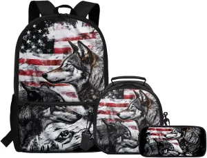 FOR U DESIGNS American Flag Wolf Backpacks for School Big Lightweight Boys Backpack and Lunch Box Set 3 in 1 School Bag Kids Boys Age 6-7 Years 4th Grade School Supplies 17 Inch