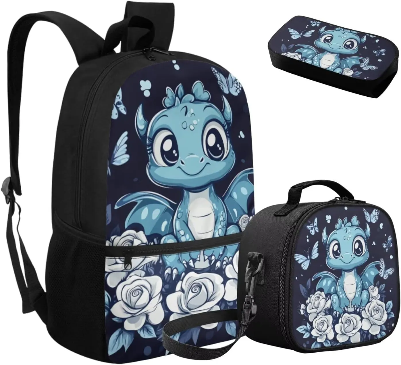 FOR U DESIGNS Axolotl Backpack for 5th Grade Girls Kawaii Blue School Bag and Lunch Bag Set 3 Pcs Elementary Kindergarten Bookbag Set for School Travel Rucksack