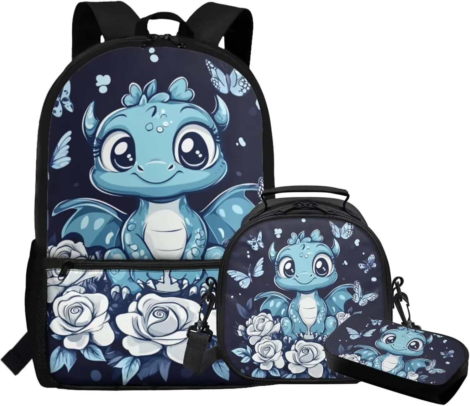 FOR U DESIGNS Axolotl Backpack for 5th Grade Girls Kawaii Blue School Bag and Lunch Bag Set 3 Pcs Elementary Kindergarten Bookbag Set for School Travel Rucksack