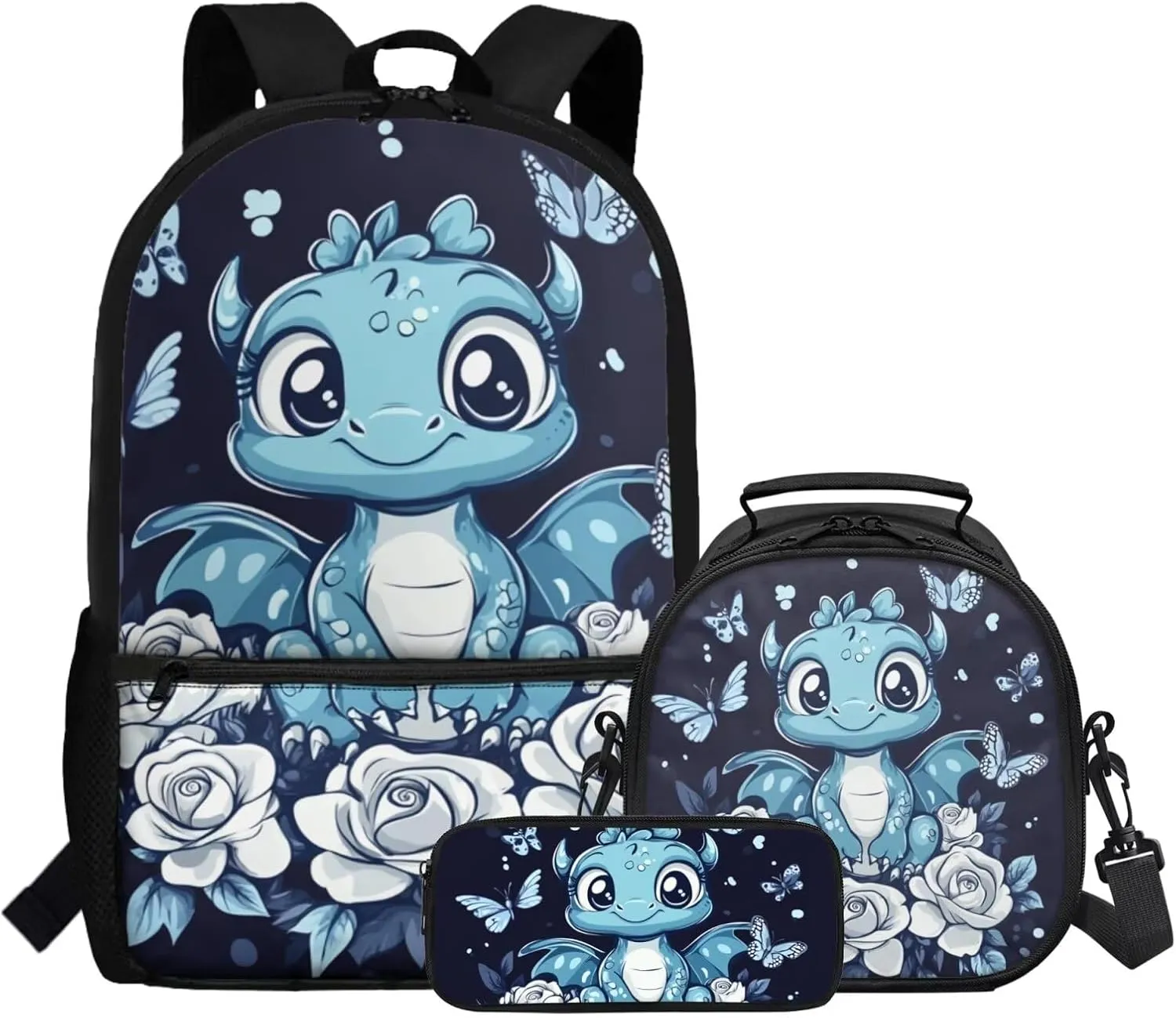 FOR U DESIGNS Axolotl Backpack for 5th Grade Girls Kawaii Blue School Bag and Lunch Bag Set 3 Pcs Elementary Kindergarten Bookbag Set for School Travel Rucksack