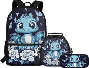 FOR U DESIGNS Axolotl Backpack for 5th Grade Girls Kawaii Blue School Bag and Lunch Bag Set 3 Pcs Elementary Kindergarten Bookbag Set for School Travel Rucksack