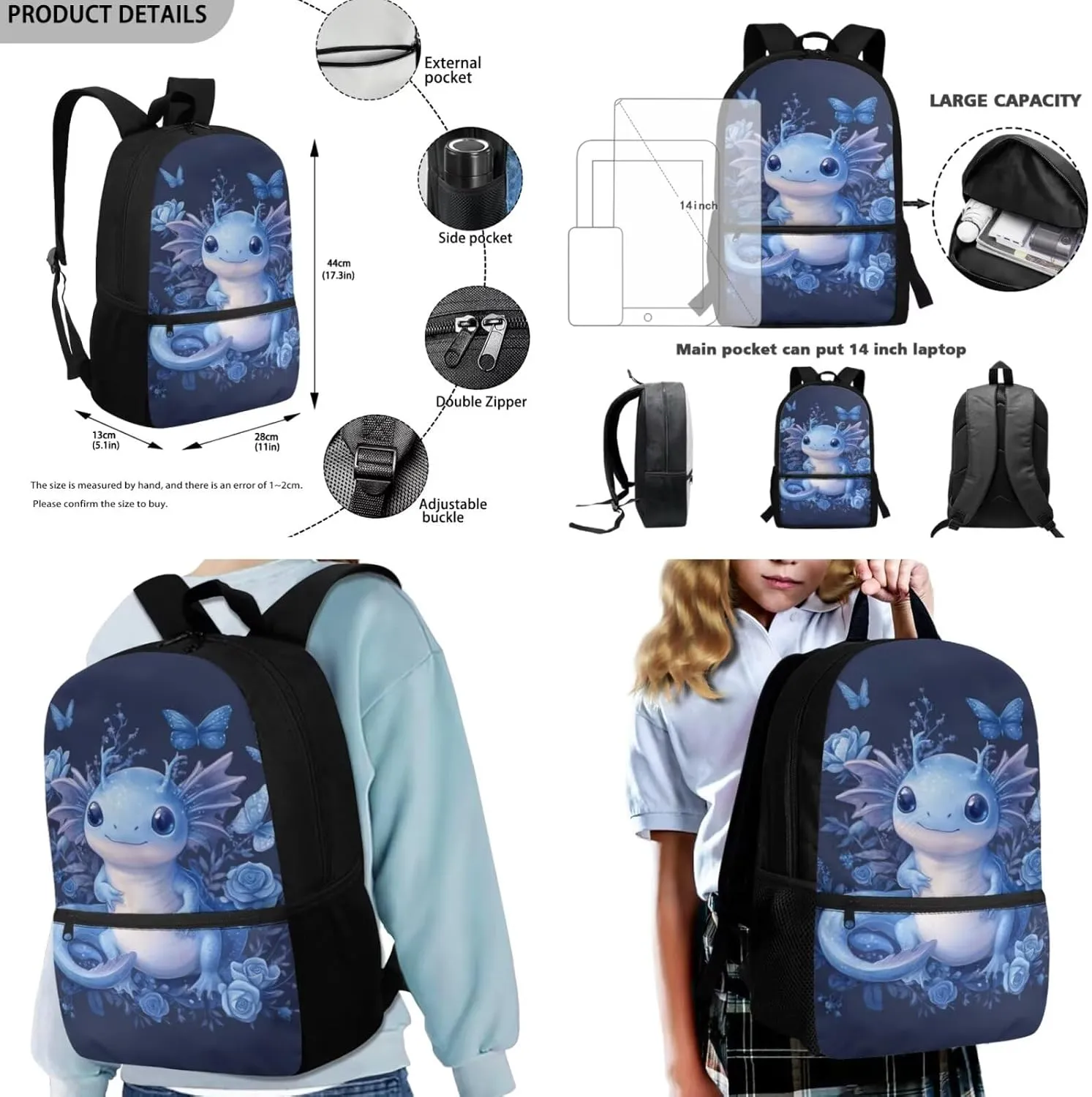 FOR U DESIGNS Axolotl Backpack with Lunchbox 3rd Grade Girls School Bags 8-10 Years Kawaii Kindergarten Elementary Bookbag Set 3 Piece Kids Book Bags for Girls Mochilas Para Niñas
