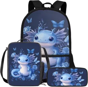 FOR U DESIGNS Axolotl Backpack with Lunchbox 3rd Grade Girls School Bags 8-10 Years Kawaii Kindergarten Elementary Bookbag Set 3 Piece Kids Book Bags for Girls Mochilas Para Niñas