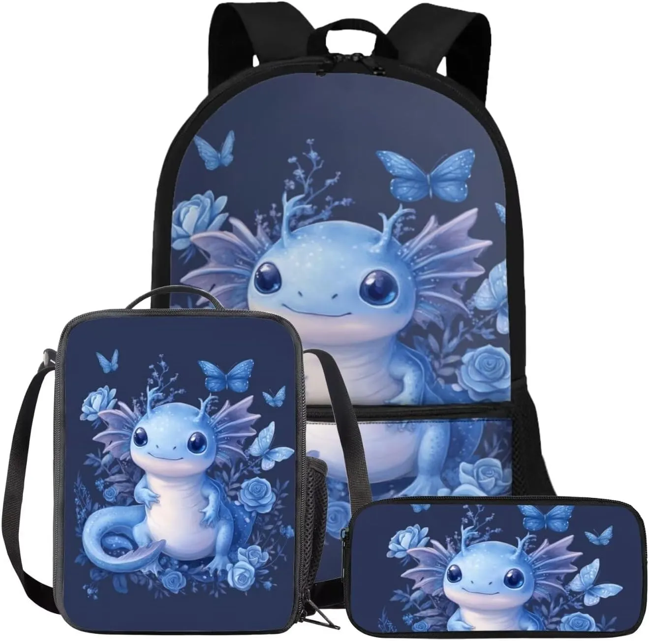 FOR U DESIGNS Axolotl Backpack with Lunchbox 3rd Grade Girls School Bags 8-10 Years Kawaii Kindergarten Elementary Bookbag Set 3 Piece Kids Book Bags for Girls Mochilas Para Niñas