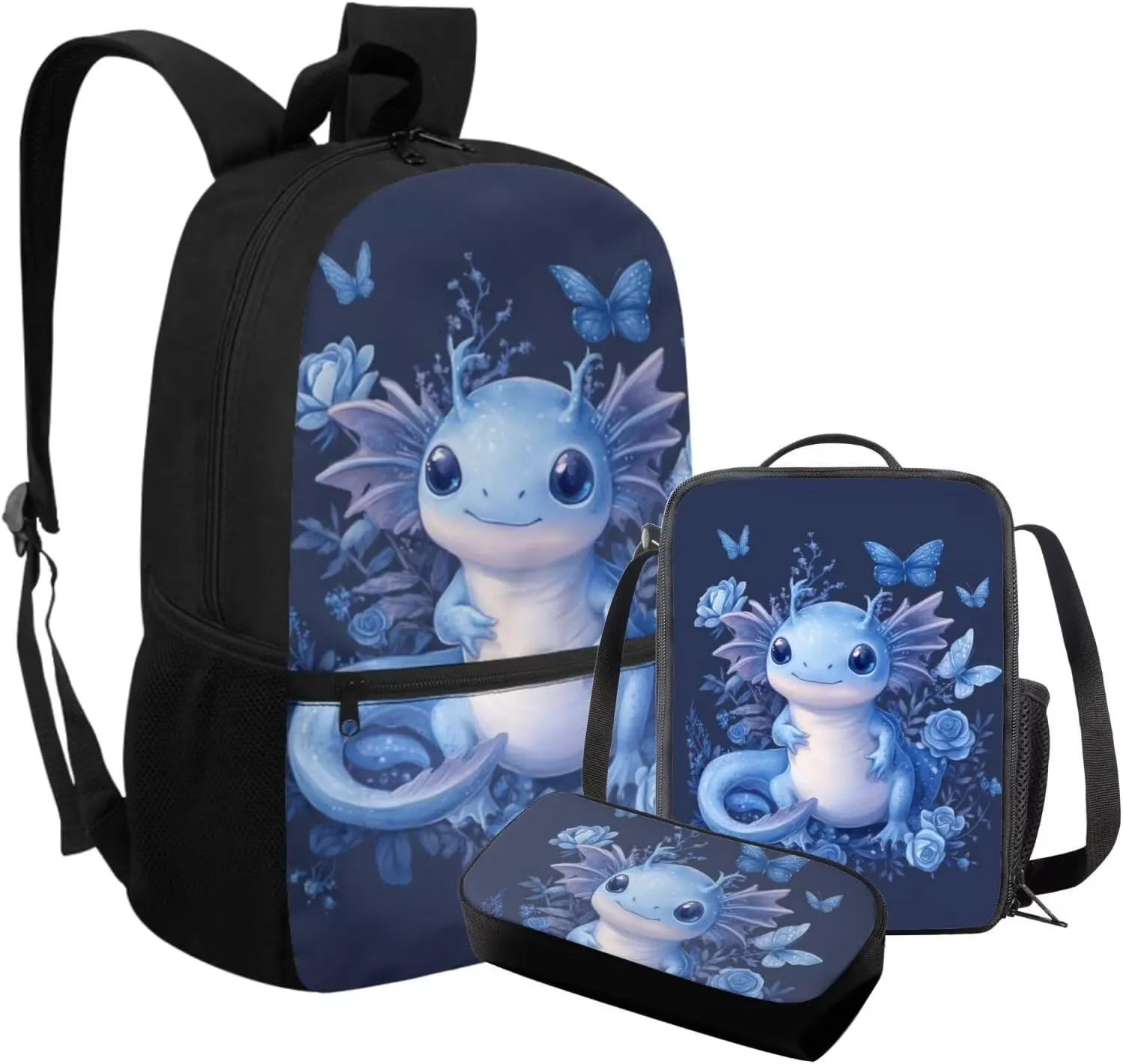 FOR U DESIGNS Axolotl Backpack with Lunchbox 3rd Grade Girls School Bags 8-10 Years Kawaii Kindergarten Elementary Bookbag Set 3 Piece Kids Book Bags for Girls Mochilas Para Niñas