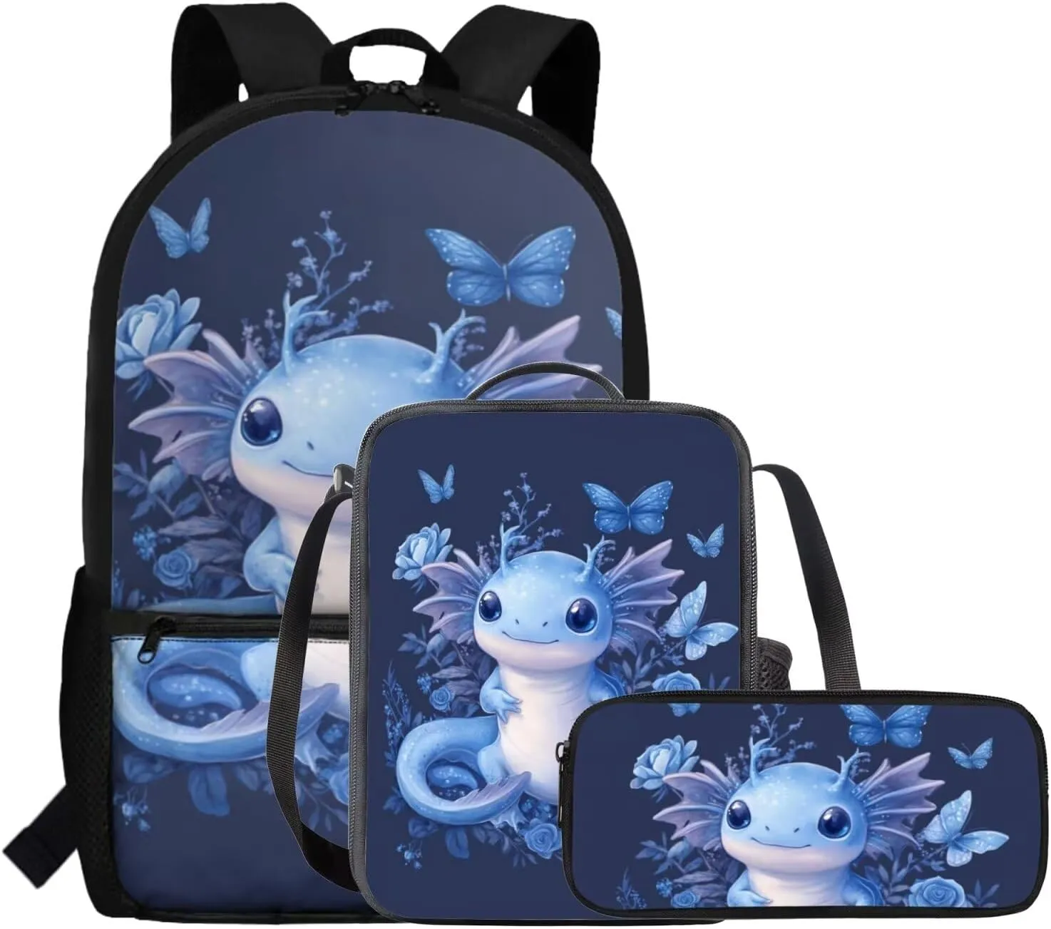 FOR U DESIGNS Axolotl Backpack with Lunchbox 3rd Grade Girls School Bags 8-10 Years Kawaii Kindergarten Elementary Bookbag Set 3 Piece Kids Book Bags for Girls Mochilas Para Niñas