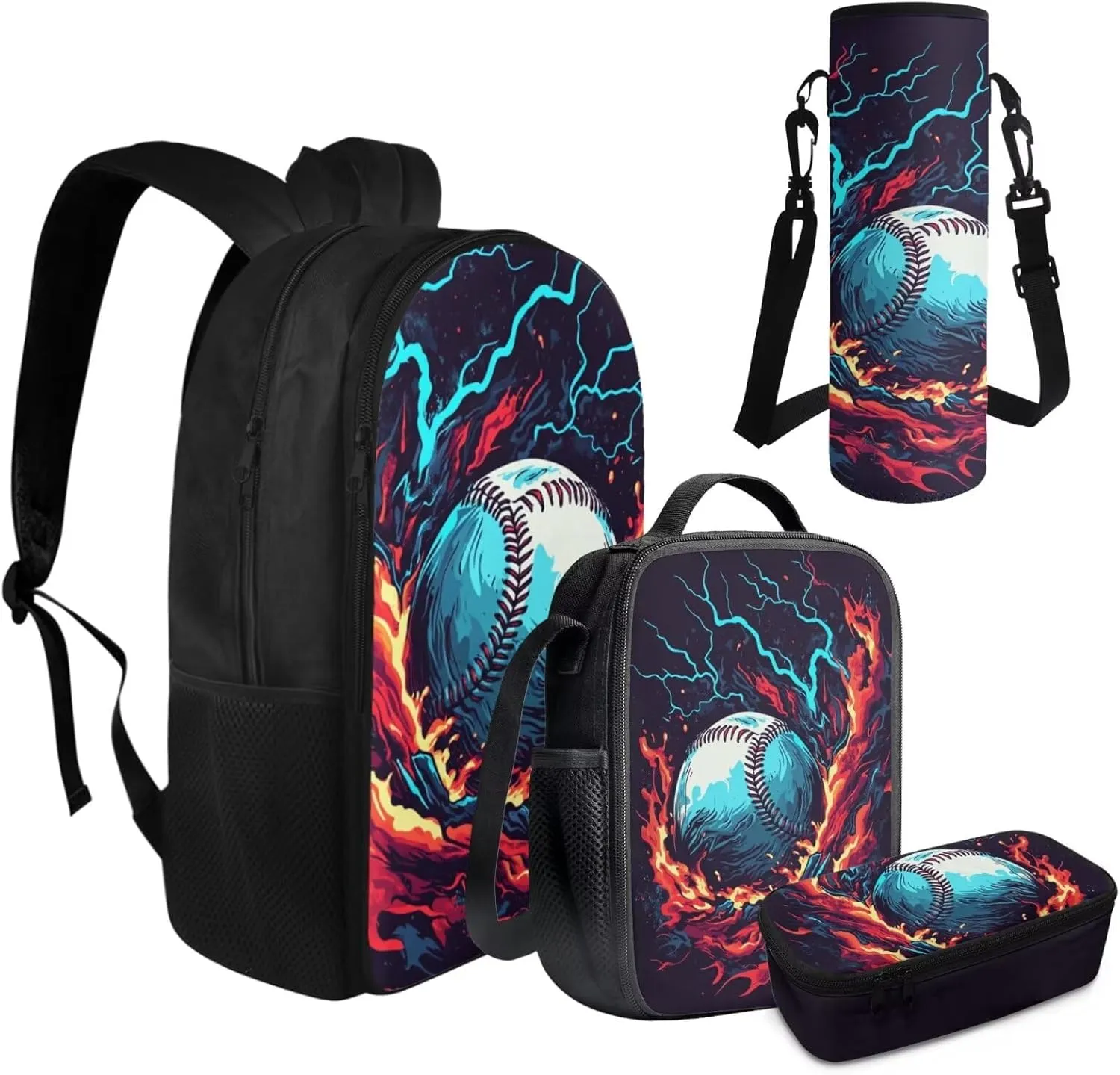 FOR U DESIGNS Baseball Bookbag for Boys 8-12 Lightweight Cool Middle School Book Bags 6th Grade Boys Elementary Bookbag and Lunch Box Set 4 Piece Casual Daypack