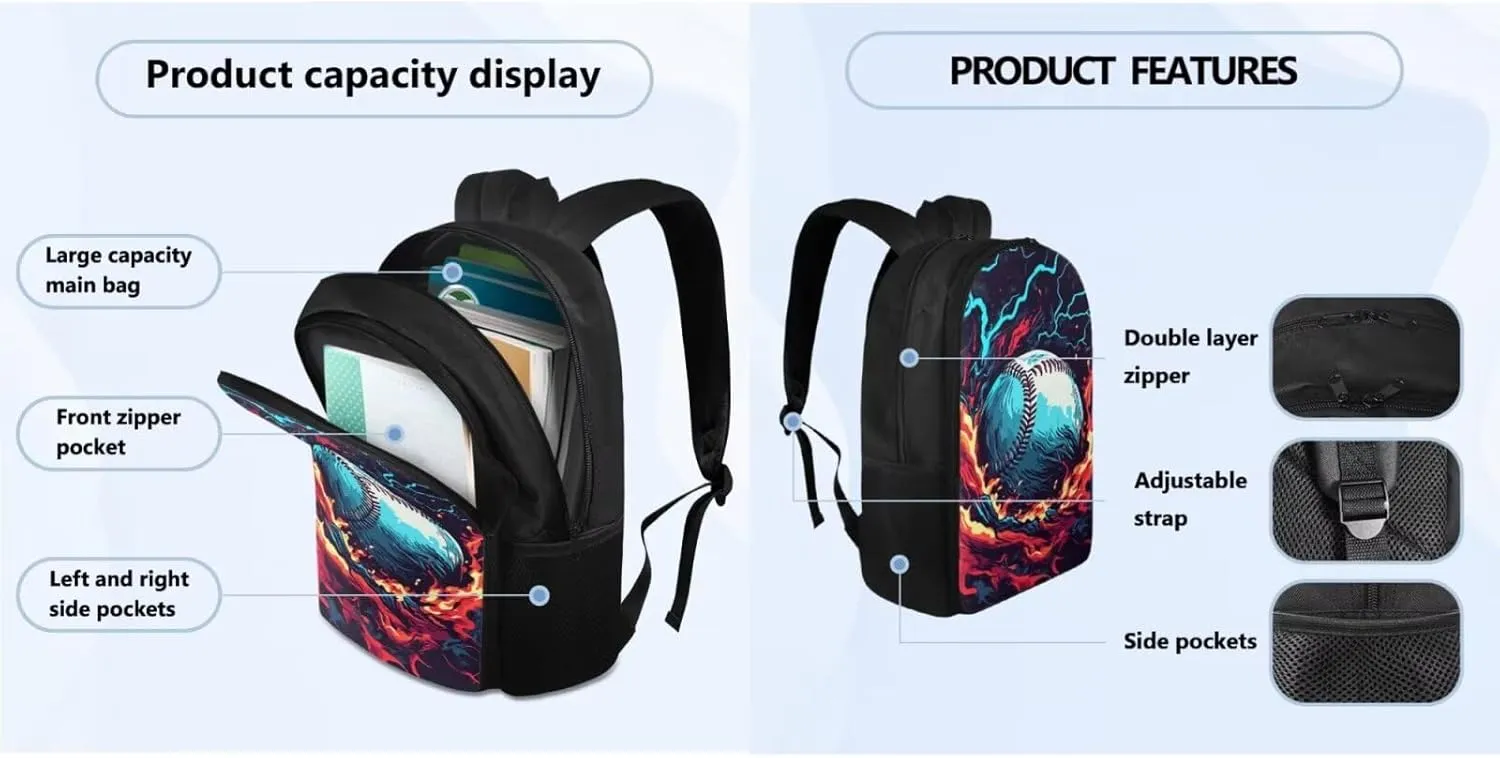 FOR U DESIGNS Baseball Bookbag for Boys 8-12 Lightweight Cool Middle School Book Bags 6th Grade Boys Elementary Bookbag and Lunch Box Set 4 Piece Casual Daypack