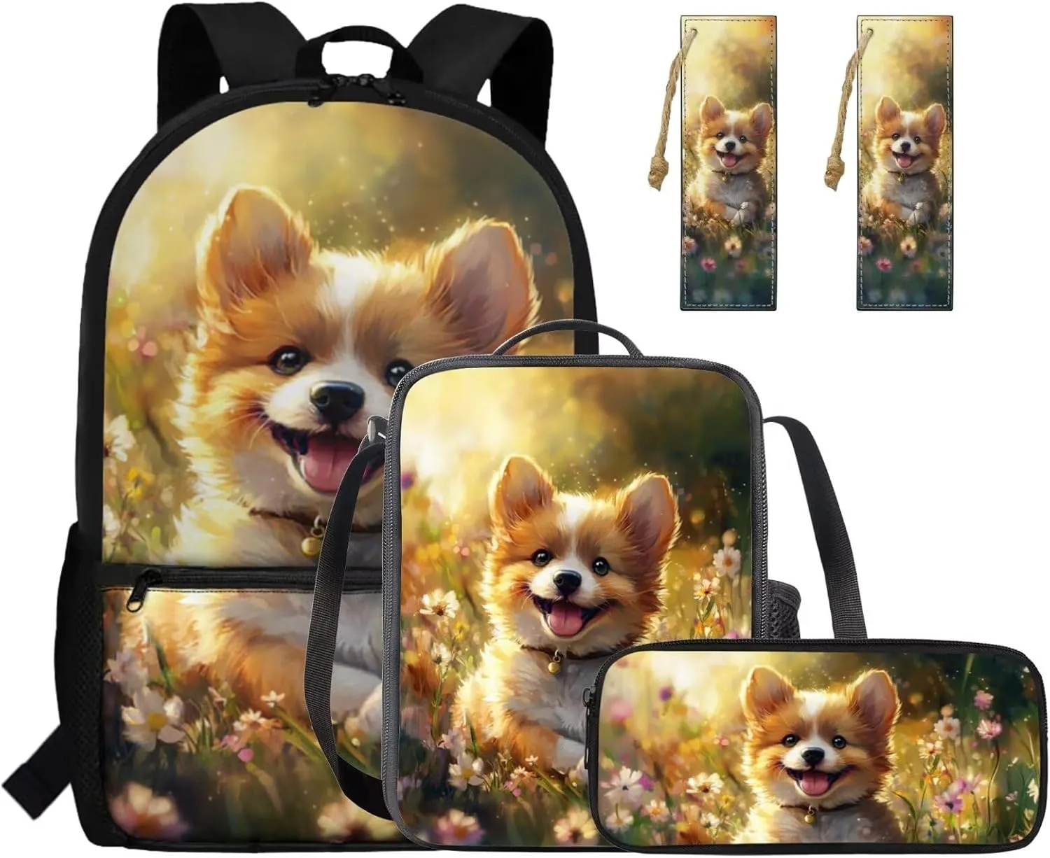FOR U DESIGNS Corgi Backpack Set School Bag 17 Inch Bookbag for 3rd Grade Girls Age 8-9 Years Elementary Lightweight Ergonomic Spacious Travel Outdoor Supplies