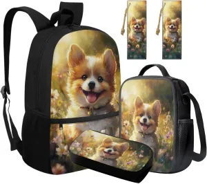 FOR U DESIGNS Corgi Backpack Set School Bag 17 Inch Bookbag for 3rd Grade Girls Age 8-9 Years Elementary Lightweight Ergonomic Spacious Travel Outdoor Supplies